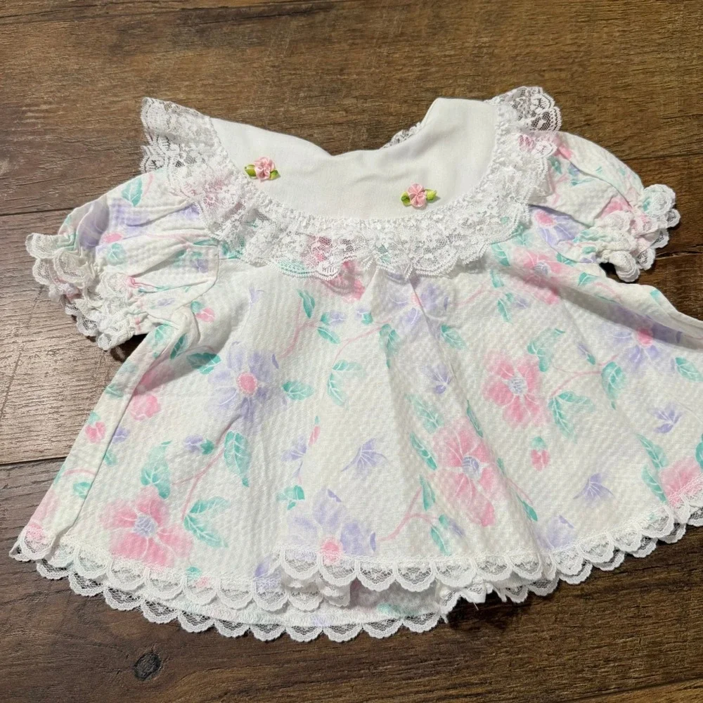 Kidz-Sational Vintage Floral Seersucker Baby Top Lace‎ Trim Pink Purple 1330